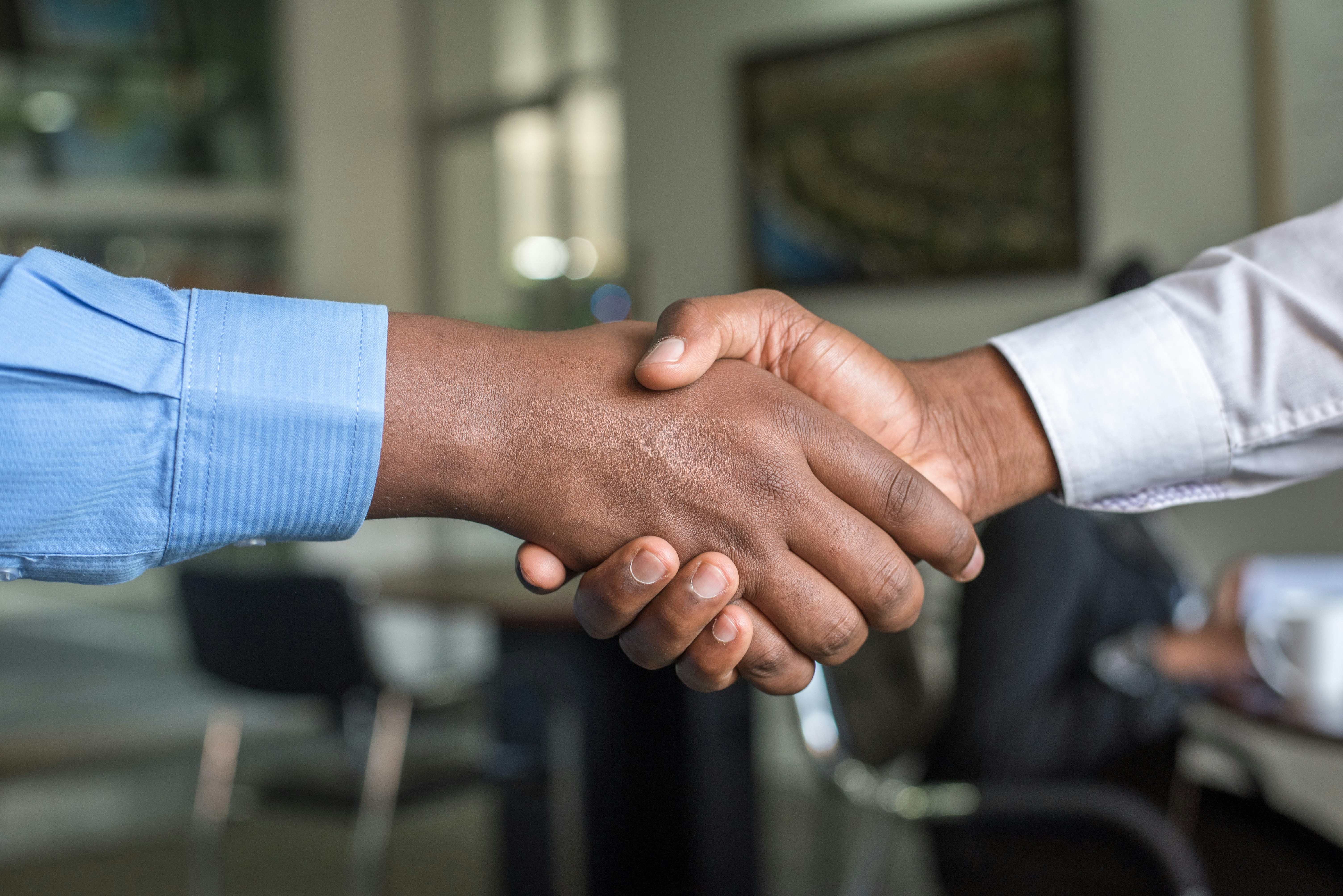 A handshake between two people in a professional setting.